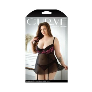 Curve Madison Gartered Lace And Mesh Babydoll With Underwire Cups & Matching Panty 3x/4x Black/pink