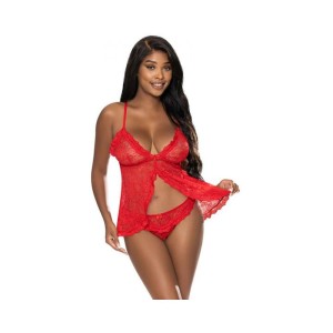 Magic Silk Ooh La Lace Babydoll & Split-crotch Panty Set Red S/m