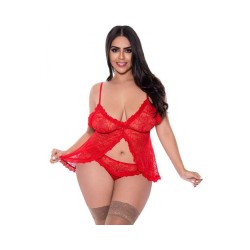 Magic Silk Ooh La Lace Babydoll & Split Crotch Panty Set Red Queen