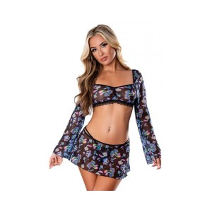 Hazy Dayz Shrooms Crop Top W/skirt & Thong - Black S/m