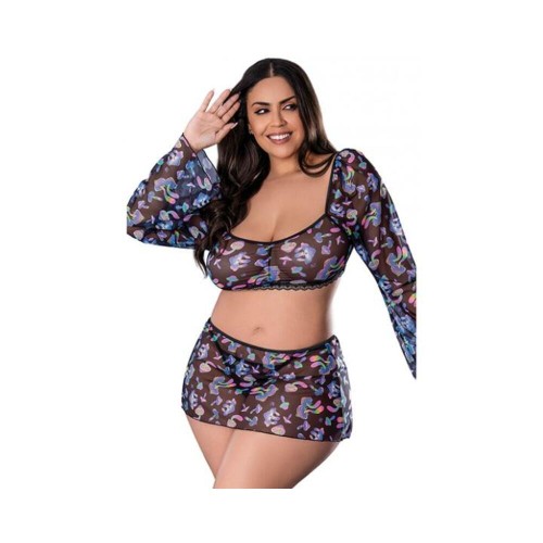 Hazy Dayz Shrooms Crop Top W/skirt & Thong - Black Qn