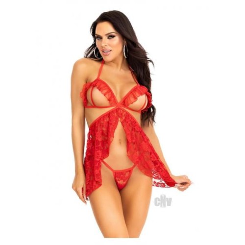Lace Flyaway Babydoll Gstring 2pc Md Red