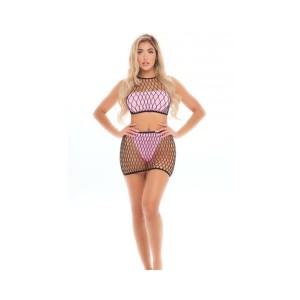 Pink Lipstick Crave You Large Fishnet Cami Top & Skirt, Bandeau Top & Panty Pink O/s