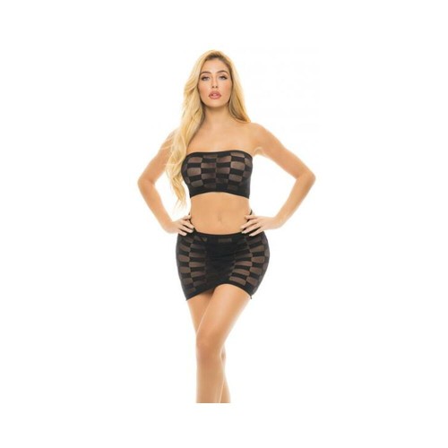 Pink Lipstick Checkered Up Bandeau Bra & Skirt Black O/s