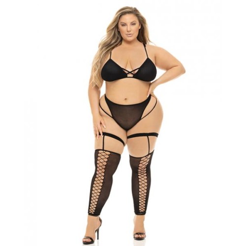 Pink Lipstick Want You Now Bra, Panty & Stockings Black Qn
