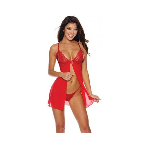 Mesh & Lace Tie Front Babydoll W/g-string Red Md