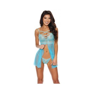 Strappy Lace & Mesh Babydoll W/g-string - Turquoise Lg