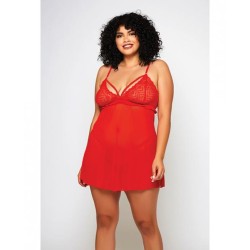 Galloon Lace & Fine Mesh Babydoll & G-string Red 1x