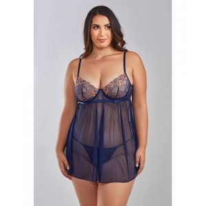 Jennie Cross Dyed Galloon Lace & Mesh Babydoll Navy 1x