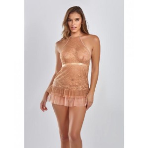 Amber Halter Lace Babydoll W/tiered Pleated Mesh Skirt Hem & G-string Brown Md
