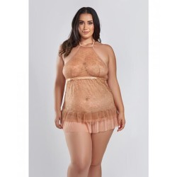 Amber Halter Lace Babydoll W/tiered Pleated Mesh Skirt Hem & G-string Brown 3x