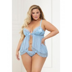 Satin Jacquard Dot Mesh Scallop Lace Babydoll & G-string Blue 3x/4x