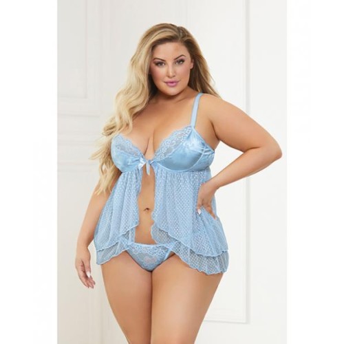Satin Jacquard Dot Mesh Scallop Lace Babydoll & G-string Blue 3x/4x