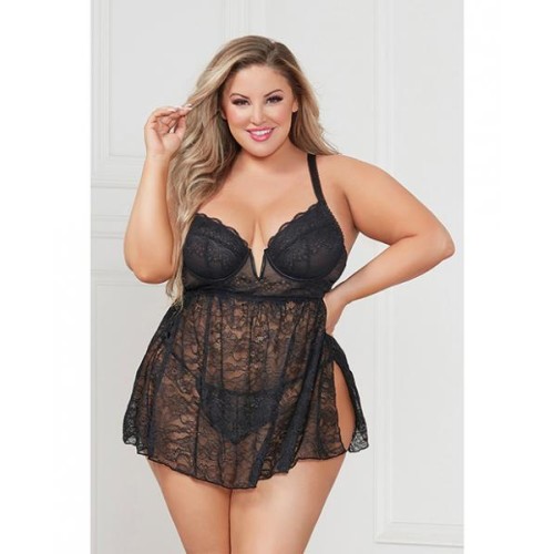 Stretch Lace Babydoll W/underwire Cups & G-string Black 3x/4x