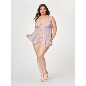 Sheer Mesh & Lace Demi Cup Babydoll & Thong Lavender 1x/2x