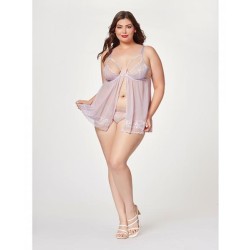 Sheer Mesh & Lace Demi Cup Babydoll & Thong Lavender 3x/4x