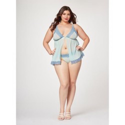 Lace & Mesh Triangle Cup Babydoll & Thong Blue 3x/4x