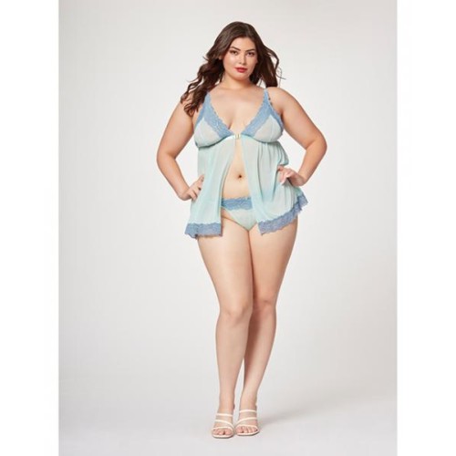 Lace & Mesh Triangle Cup Babydoll & Thong Blue 3x/4x