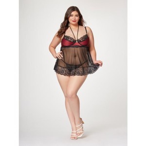 Satin & Lace Halter Demi Cup Babydoll & Thong Black/wine 1x/2x