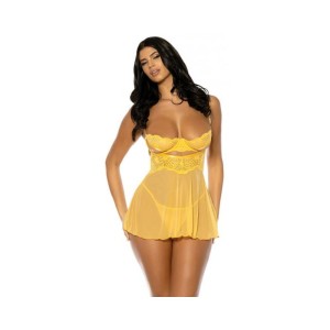 Hazel Peek-a-boo Cup Babydoll W/g-string Panty - Yellow S/m