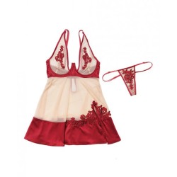 Nylon, Satin Babydoll Underwire Cups & G-String Red Nude 3X/4X