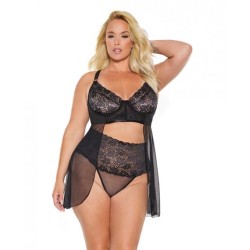 Scallop Stretch Lace & Sheer Mesh Babydoll & High Waist Thong Black 1x/2x