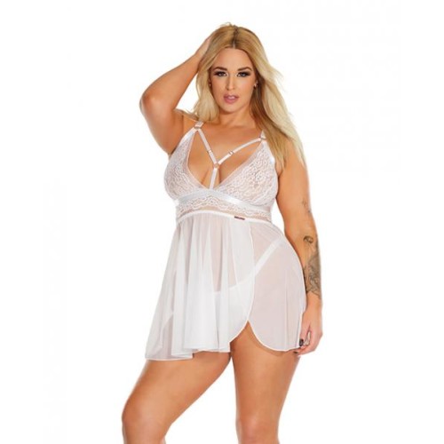 Black Label Net & Scallop Lace Babydoll W/side Slit & Thong White Os/xl
