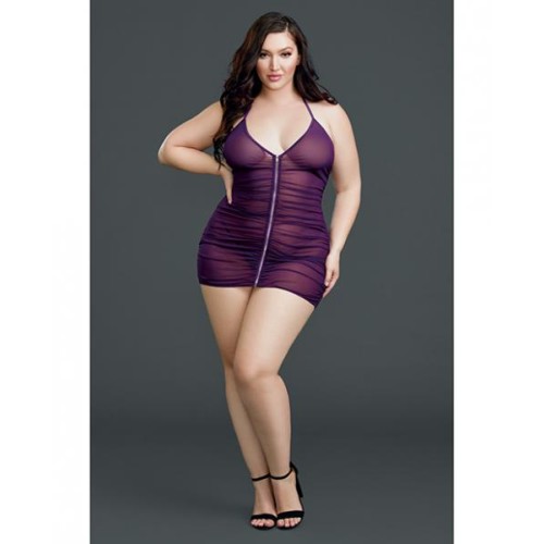 Ruched Front Zipper Chemise with G-String Plum Qn