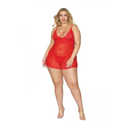Lace & Mesh Babydoll & G- String Set Lipstick Red Q/s