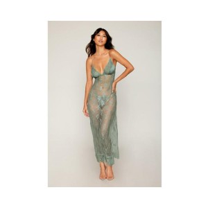 Eyelash Lace & Satin Long Chemise W/g-string - Sage Green Xl
