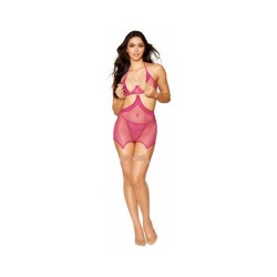 Fishnet & Lace Garter Slip Set Beet O/s