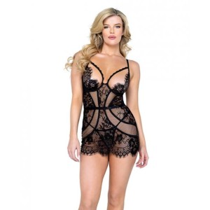 Femme Fatale Scalloped Eyelash Lace & Mesh  Chemise & Thong Black Xl