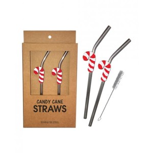Holiday Candy Cane Reusable Stainless Steel (dishwasher Safe) Straws - Pack Of 2