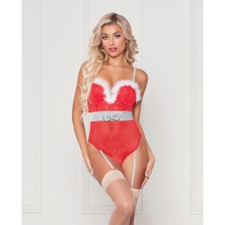 Holiday Rhinestone Studded Mesh Teddy W/marabou Trim Red Md