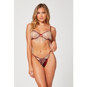 Holiday Rhinestone Bra W/underwire Open Cup & G-string Wine L/xl