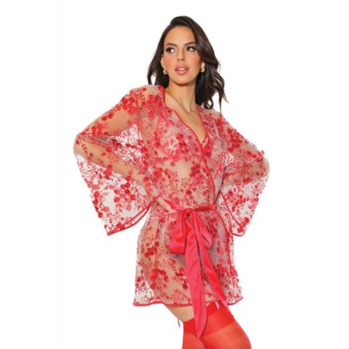 Holiday Embroidered Tulle Robe Red/nude O/s