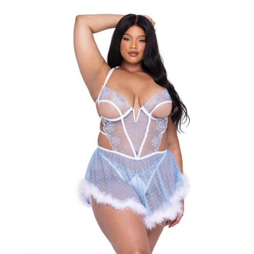 Holiday Snow Queen Metallic Snowflake Embroidered Babydoll W/marabou Hem & Thong Blue/white 1x