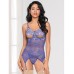 Cross Dye Lace Peek A Boo Chemise W/attached Garters & G-string Iris O/s