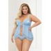 Satin Jacquard Dot Mesh Scallop Lace Babydoll & G-string Blue 3x/4x