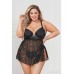Stretch Lace Babydoll W/underwire Cups & G-string Black 3x/4x