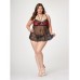 Satin & Lace Halter Demi Cup Babydoll & Thong Black/wine 3x/4x