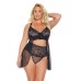 Scallop Stretch Lace & Sheer Mesh Babydoll & High Waist Thong Black 3x/4x