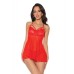 Holiday Scallop Stretch Lace & Mesh Babydoll & Thong Red/gold Lg